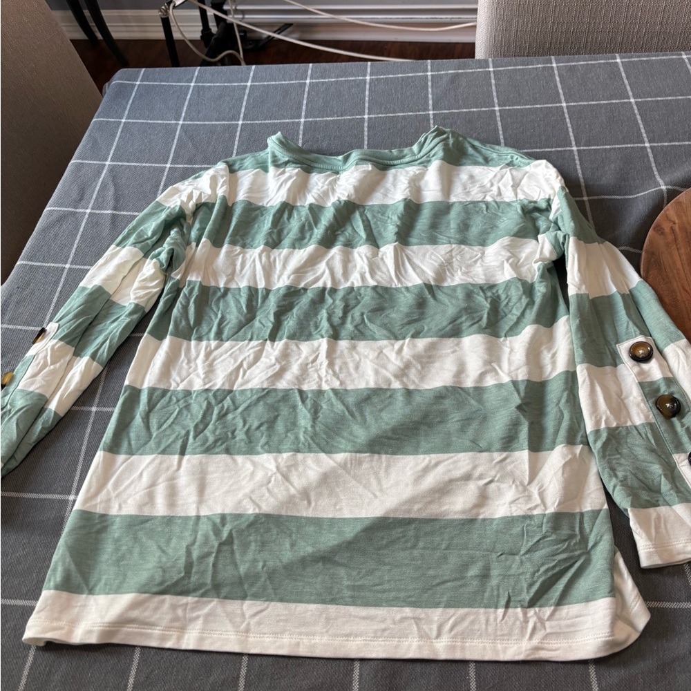 Green and White Striped Long Sleeve Shirt